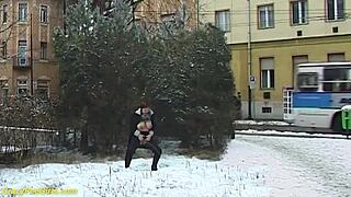 Damn, check this redhead BBW milf peeing out in public view!