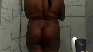 homemade ebony amateur enjoys shower time with ass play