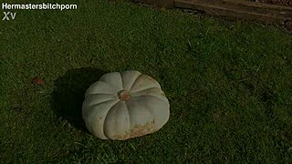 kiwi trashy milf uses massive pumpkin as toilet seat in backyard