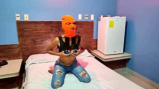 brunette stepsister shakes sexy in mask then gets naked