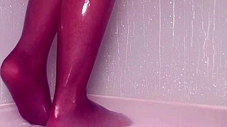 Teasing nylon feet in the wet shower, toes wiggling under pantyhose, so dripping sexy! 💦