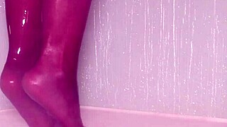 Teasing nylon feet in the wet shower, toes wiggling under pantyhose, so dripping sexy! 💦