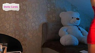 stella performs erotic dance and masturbation in red dress, showing big tits and wet pussy