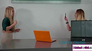 Carter, the blonde babe, passionately licks the company owner's pussy.