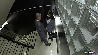Whoa, old boss tricks Japanese teen secretary into a quick stairwell blowjob! 😲