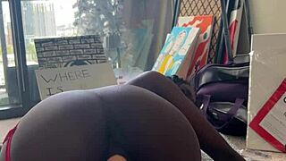 Ebony struggles with the intense fuck machine pounding her tight pussy. Muscular body resists the solo penetration.