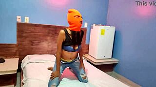 brunette stepsister shakes sexy in mask then gets naked