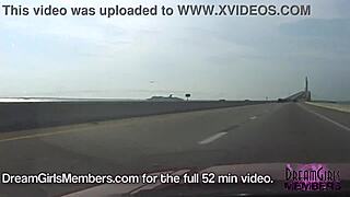 Dream girl flashes big tits topless in convertible over skyway bridge