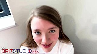 this british teen 18+ is sucking cock in a polo shirt, getting cum all over her natural tits