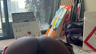 Ebony struggles with the intense fuck machine pounding her tight pussy. Muscular body resists the solo penetration.