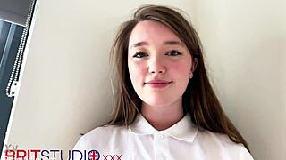 this british teen 18+ is sucking cock in a polo shirt, getting cum all over her natural tits