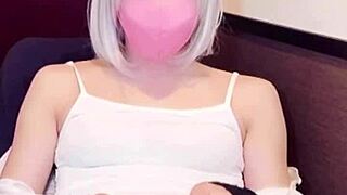 masked beauty crossdresser films herself masturbating live. cute asian ladyboy gets into anal action during streaming.