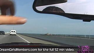 Dream girl flashes big tits topless in convertible over skyway bridge