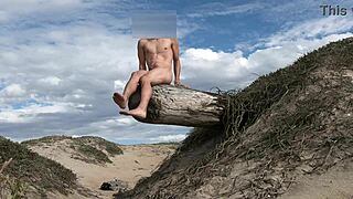 Nude posing and cock teasing at public beach cumming