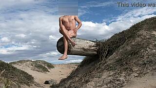 Nude posing and cock teasing at public beach cumming