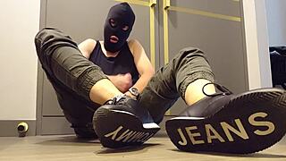 Watch This Guy Wank His Cock Into Sneakers, Feeling The Leather And Cum Dripping With Intense Pleasure!