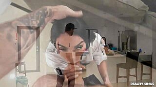 On game day, this arab girl licks cock in the bathroom