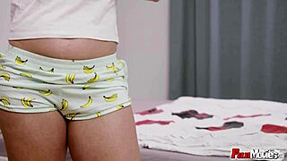 brunette amateur plays with selfie stick in solo scene