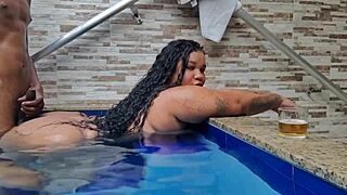 Intriguing bbw latina drinks milk by the poolside