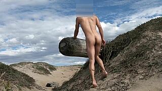 Nude posing and cock teasing at public beach cumming