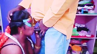 Desi housewife engages in conversation with tailor, speaking Telugu