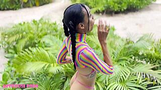 petite latina with tattoos enjoys sucking and intense sex by the pool.