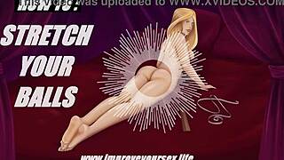 Audio instructions guide males on ball stretching techniques with roleplay, exams, and massages.