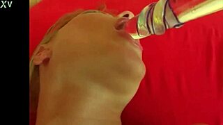 Blonde babe feels intense pleasure during milk squirt masturbation.
