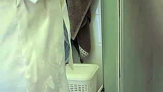 stepmom with big ass helps son jerk off monster cock in shower, cumming on tits