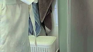 stepmom with big ass helps son jerk off monster cock in shower, cumming on tits