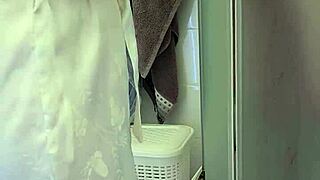 stepmom with big ass helps son jerk off monster cock in shower, cumming on tits