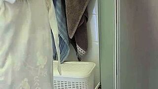 stepmom with big ass helps son jerk off monster cock in shower, cumming on tits