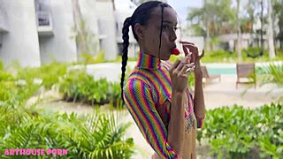 petite latina with tattoos enjoys sucking and intense sex by the pool.