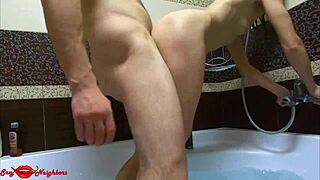 hot shower blowjob leads to standing sex in soapy bath