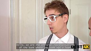 debt4k russian blonde pays debts with tight pussy and asshole in double penetration seduction.