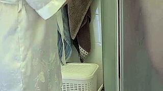 stepmom with big ass helps son jerk off monster cock in shower, cumming on tits