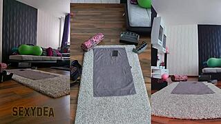 in this triple cam, the curvy latina does a naughty naked workout, bending over for doggy