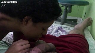 brunette friend close-up while husband works