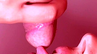 japanese wife giving a close-up blowjob and getting cum in mouth