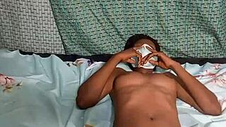 Sexy babe with small waist fingers herself on bed