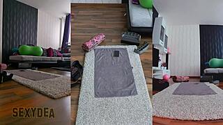 in this triple cam, the curvy latina does a naughty naked workout, bending over for doggy