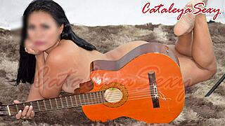 Model Poses Naked In Costumes With Guitar