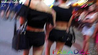 Twin gfs striptease and get fucked in public bathroom after ripping clothes outdoor.