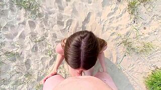 Sucking off my best friend at public beach and taking cumshot on pretty face