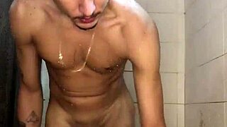 Novinho with thick shaft jerks off hard in steamy homemade shower scene.