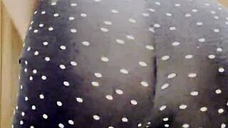 sexy blonde shows off big natural tits and ass in leggings