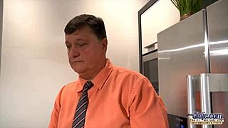 sexy redhead sucks old man's cock then fucks and swallows cum