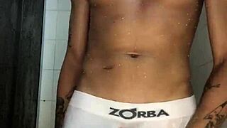 Novinho with thick shaft jerks off hard in steamy homemade shower scene.