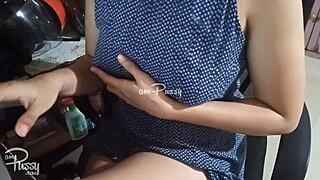 Asian amateur woman exposes and touches her shaved pussy