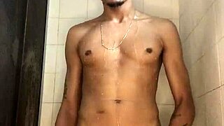 Novinho with thick shaft jerks off hard in steamy homemade shower scene.